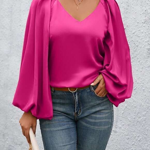 Pink Casual Womens Lantern Sleeve Solid Blouse - Picture 6 of 7
